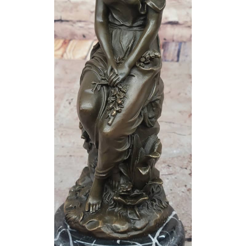 Hyppolyte Moreau Bronze Maiden Sitting On Floral Base Sculpture With Marble Pedestal