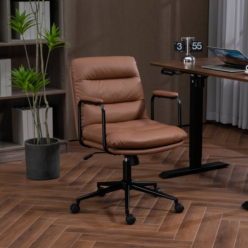 Roomfitters PU Leather Office Chair, Mid-Back Adjustable Swivel Desk Chair with Wheels and Arms, Ergonomic Task Chair