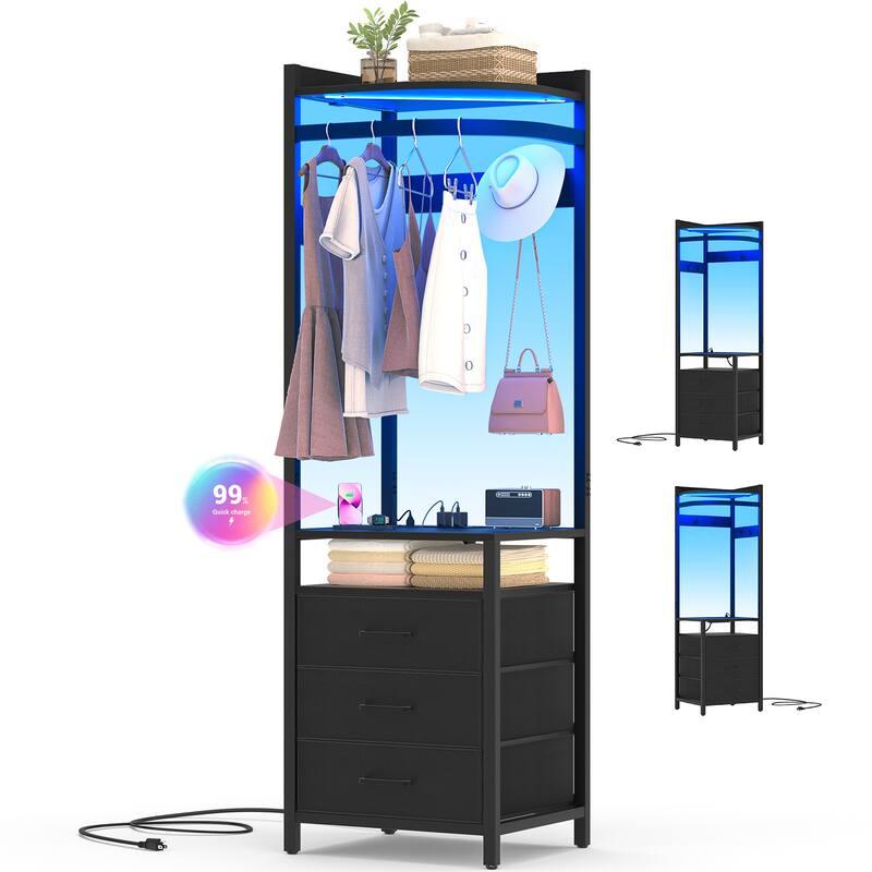 Corner Garment Rack with Power Outlets & LED Lights, Closet Organizer with 3 Fabric Drawers