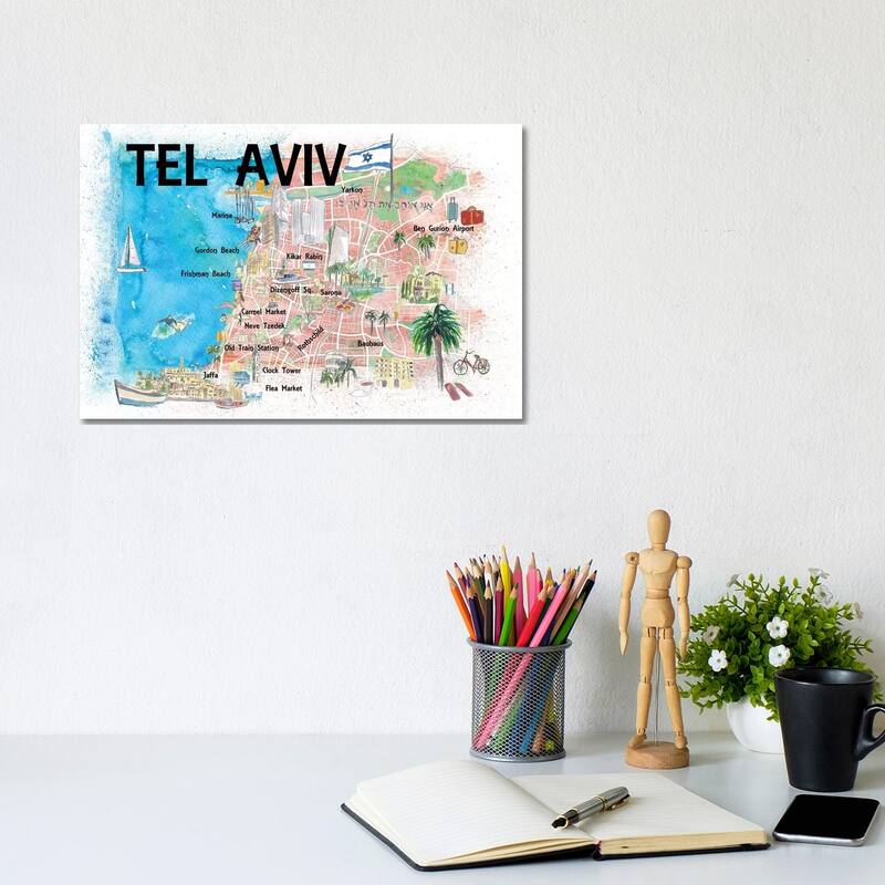 iCanvas "Illustrated Landmark Map, Tel Aviv, Israel" by Markus & Martina Bleichner Canvas Print - 8x12x0.75
