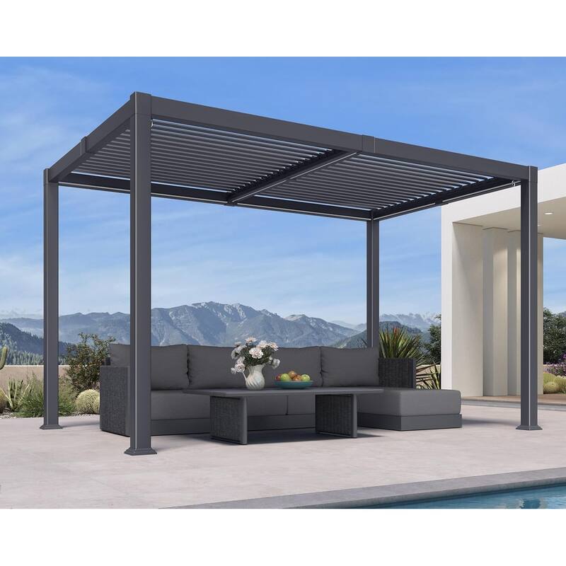 PURPLE LEAF Solar Louvered Pergola with LED String Lights Aluminum Outdoor Pergola with Adjustable Roof for Patio Garden