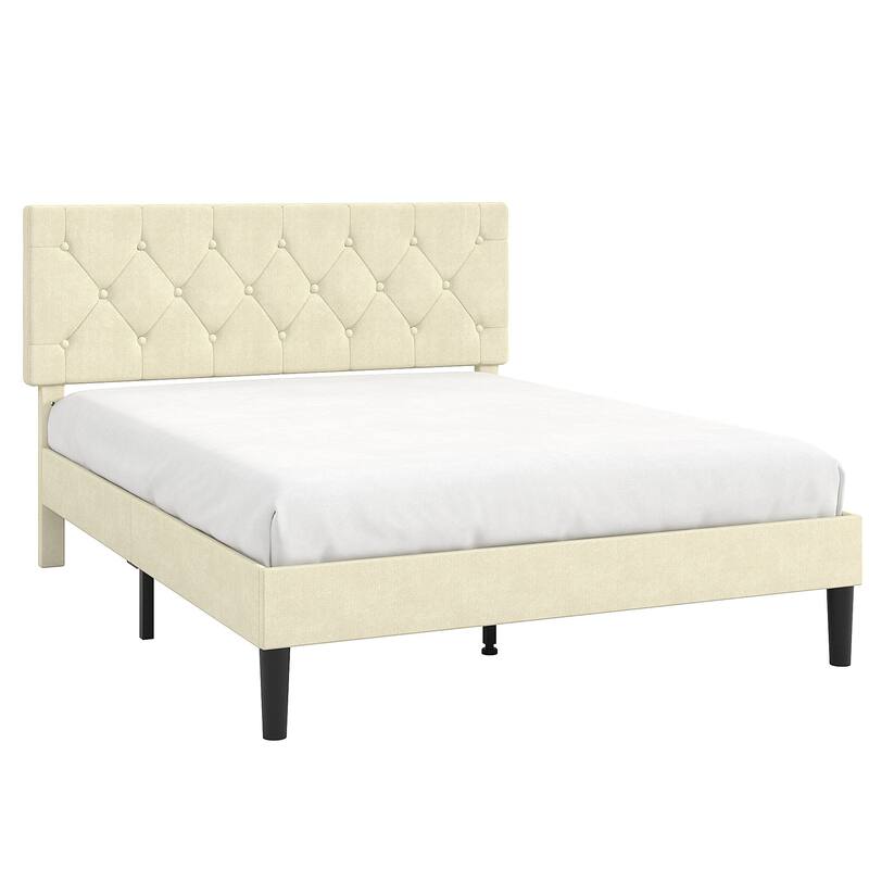 VECELO Tufted Upholstered Linen Bed Platform Bed Frame with Upholstered Headboard, Button Tufted Design