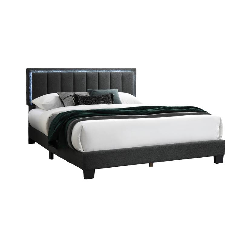 1pc Queen Size Bed Charcoal Wool Fabric Channel Tufting w LED Full Upholstered Bedframe Bedroom Bed