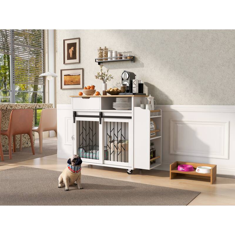 Furniture Style Dog Crate Kitchen Island End Table Pet Friendly Furniture - Natural+White