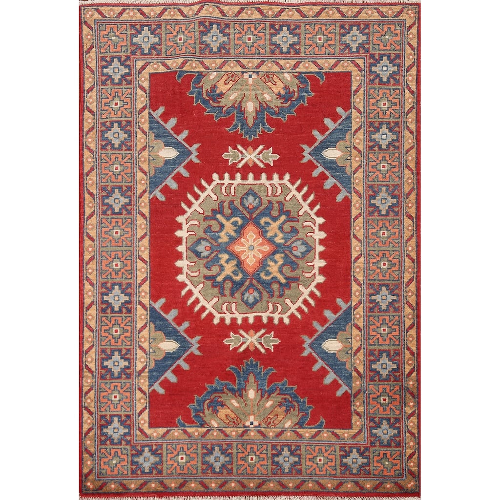 Red Geometric Kazak Accent Rug Hand-Knotted Wool Carpet - 3'4"x 5'0"