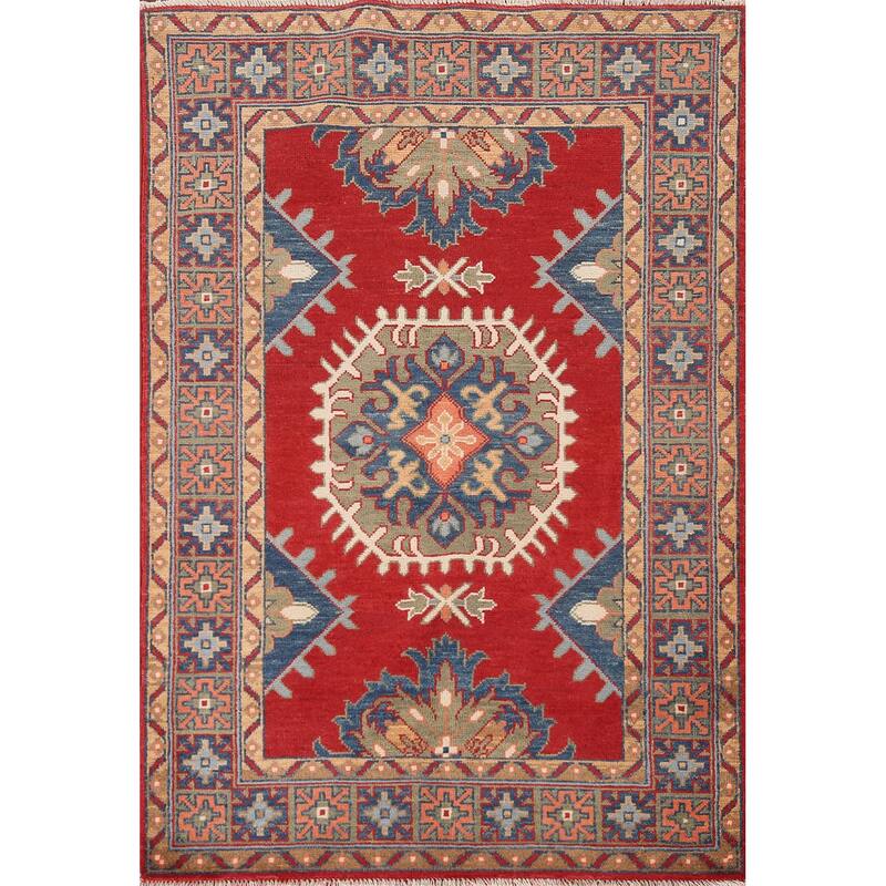 Red Geometric Kazak Accent Rug Hand-Knotted Wool Carpet - 3'4"x 5'0"