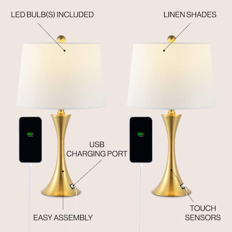 Makena 22.75" Modern Glam Iron Hourglass LED Table Lamp with USB Charging Port, (Set of 2) by JONATHAN Y