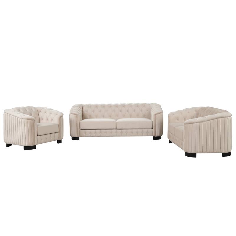 3-Pieces 6-Seat Velvet Sofa Set (3+2+1) with Rubber Wood Legs & Tufted Back