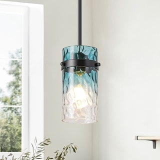 1/3-Light Coastal Matte Black Adjustable Pendant Light with Gradient Blue Hammered Cylinder Glass for Kitchen Island