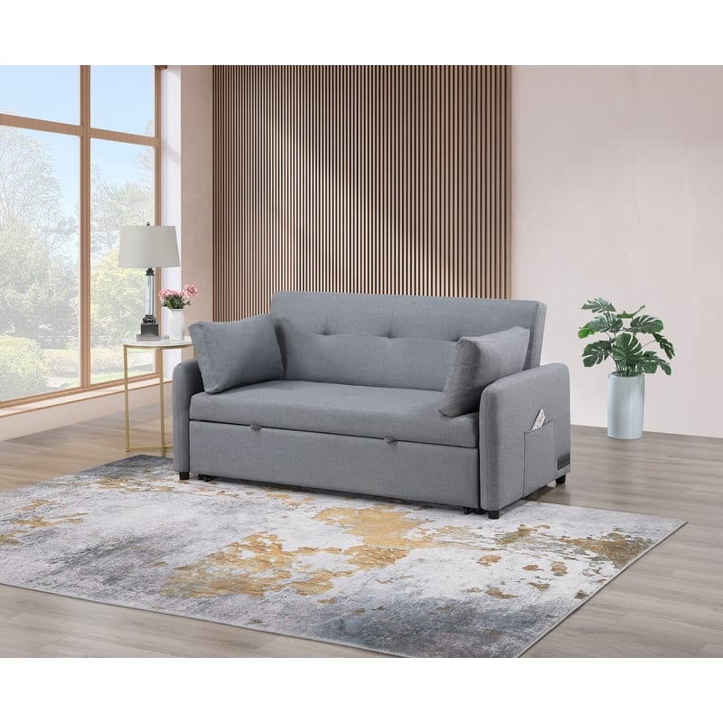 Radella 69"W Gray Linen Convertible Sleeper Sofa with USB Ports, Power Sockets, Pockets, Pillows, Tufting