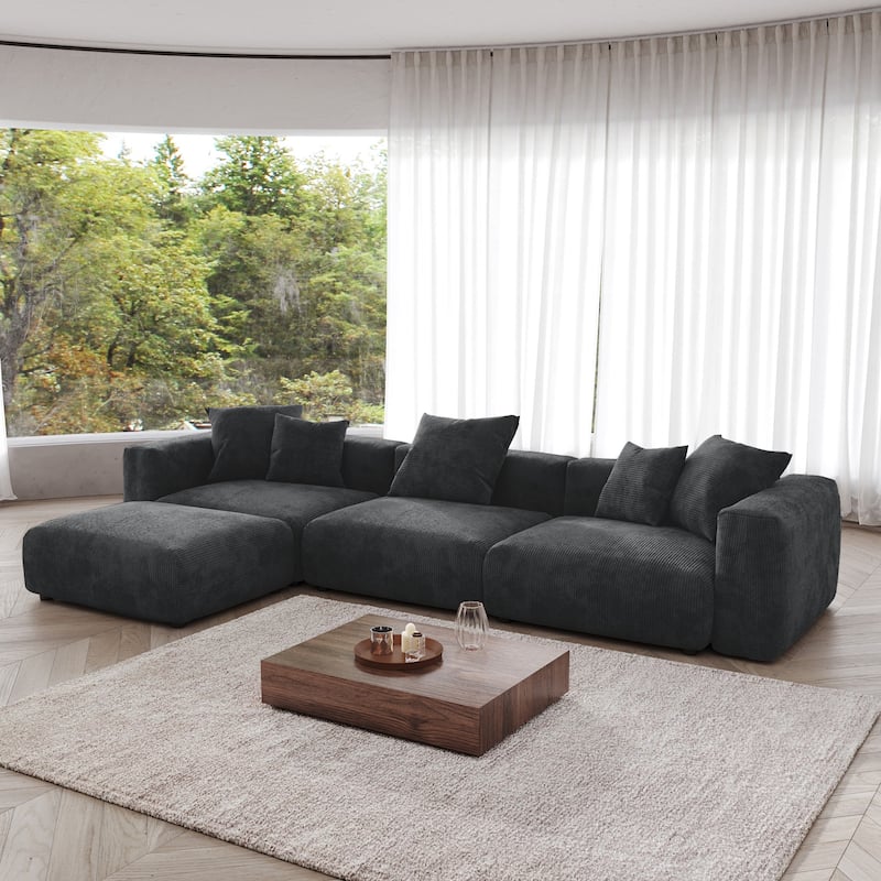 4-Piece L-Shape Sectional Sofa Corduroy Upholstered Couch with Ottoman