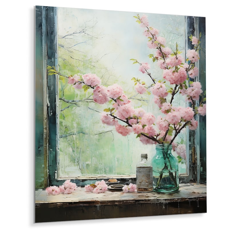 Designart "Japan Pink Flowers Tree Window View" Japan Metal Wall Art - Pink Metal Wall Décor Traditional Metal Art Work