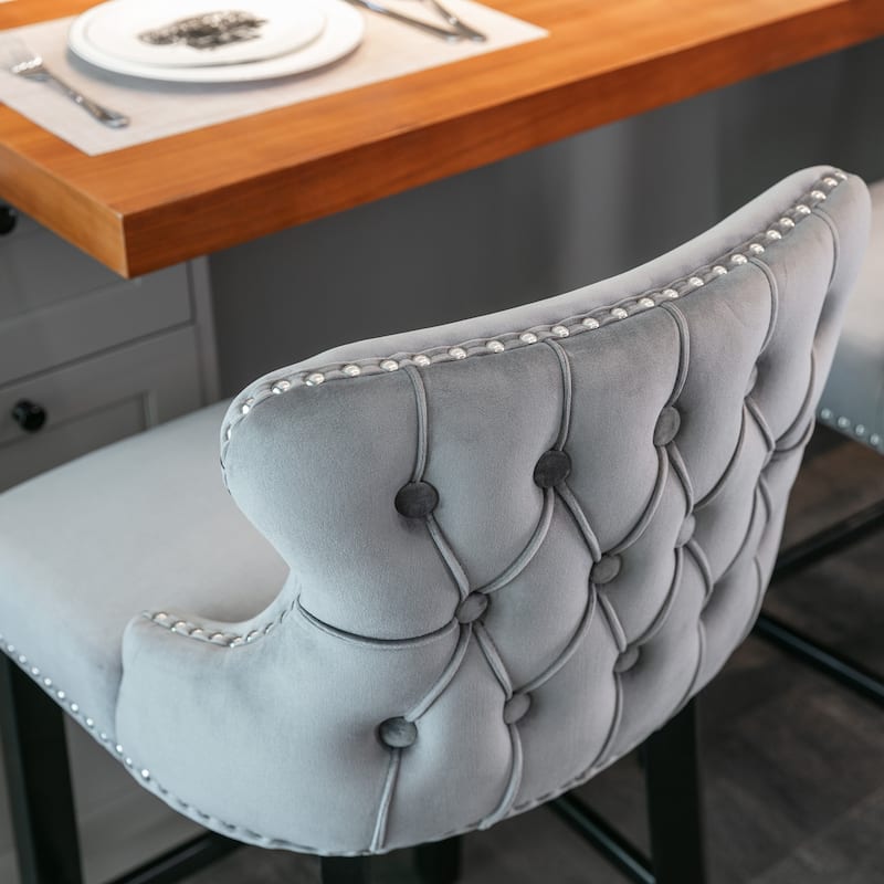 Set of 4 Velvet Upholstered Wing-Back Barstools with Button Tufted