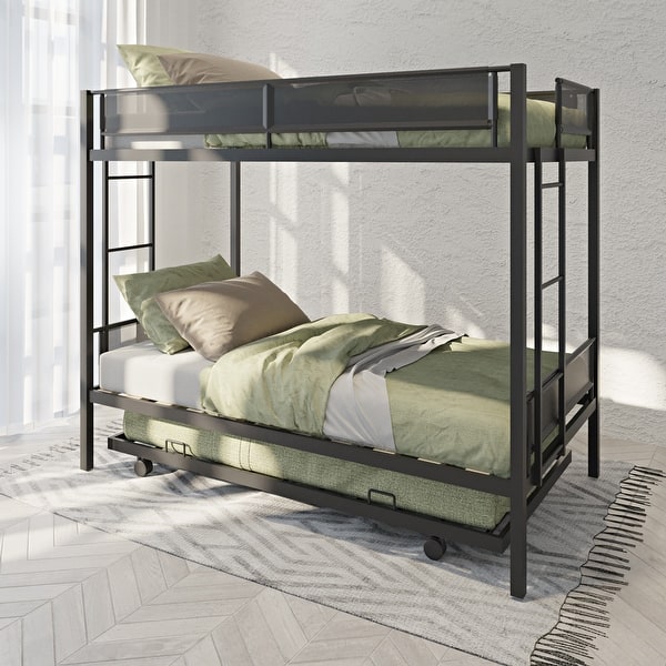 slide 2 of 17, Metal Twin Bunk Bed with Trundle, Guardrails, and Storage Black