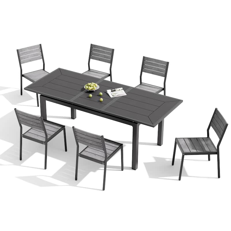 7PC Pellebant Outdoor Patio Aluminum Expandable Dining Table WPC Top with Stackable Chairs