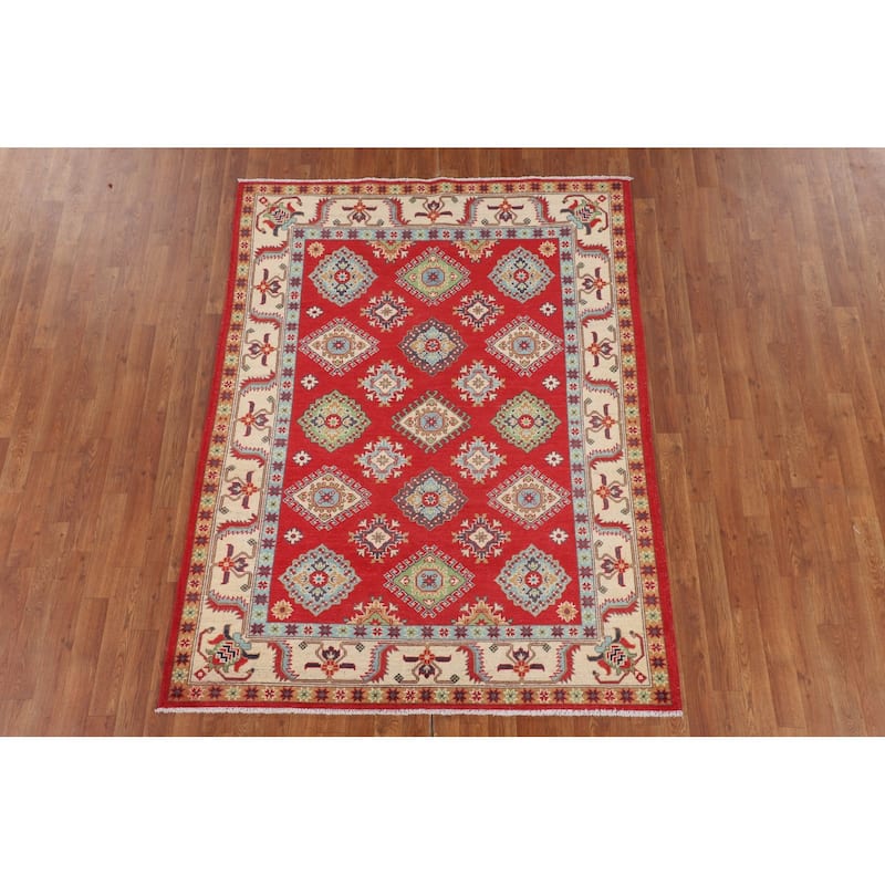 Kazak Oriental Rug Hand-Knotted Bedroom Red Wool Carpet - 5'0" x 6'7"