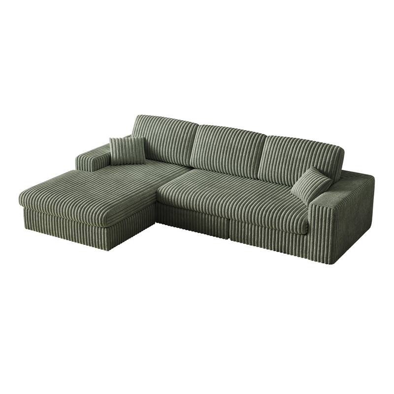 L-Shaped Sectional Sofa with Chaise Lounge, Corduroy Modular Foam Sofa, Upholstered Sofa with 2 Cushion & 2 Throw Pillows