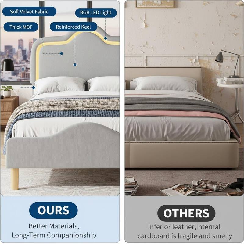 Bed Frame, Adjustable LED Headboard and Footboard