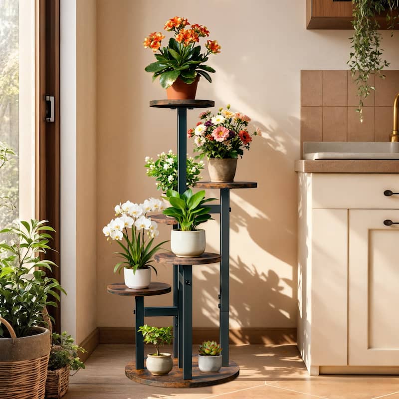Iron Wood 5-Tier Plant Stand Round Corner Flower Shelf Indoor Outdoor