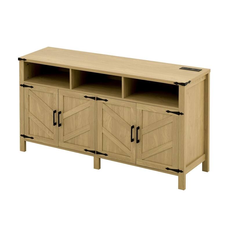 Modern 4-Door Sideboard Buffet with Power Outlets Adjustable Shelves and Half-Open Storage Design