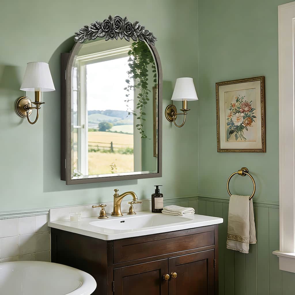 Vintage Brass Wall-Mounted Mirror Cabinet with Storage Bathroom Decor - 20x30 inch