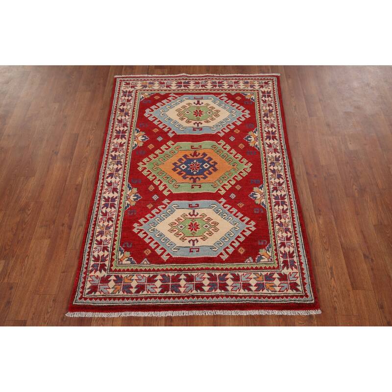 Red Geometric Kazak Foyer Rug Handmade Traditional Wool Carpet - 3'4" x 4'10"