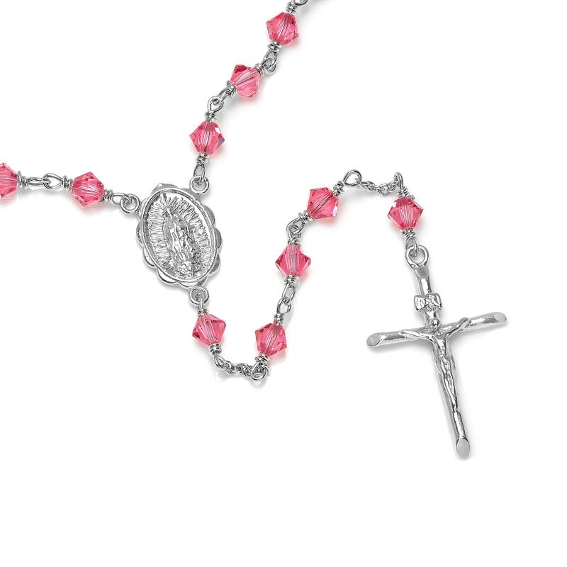 Roberto Martinez Platinum Plated Silver Rosary Necklace with Pink Austrian Crystals