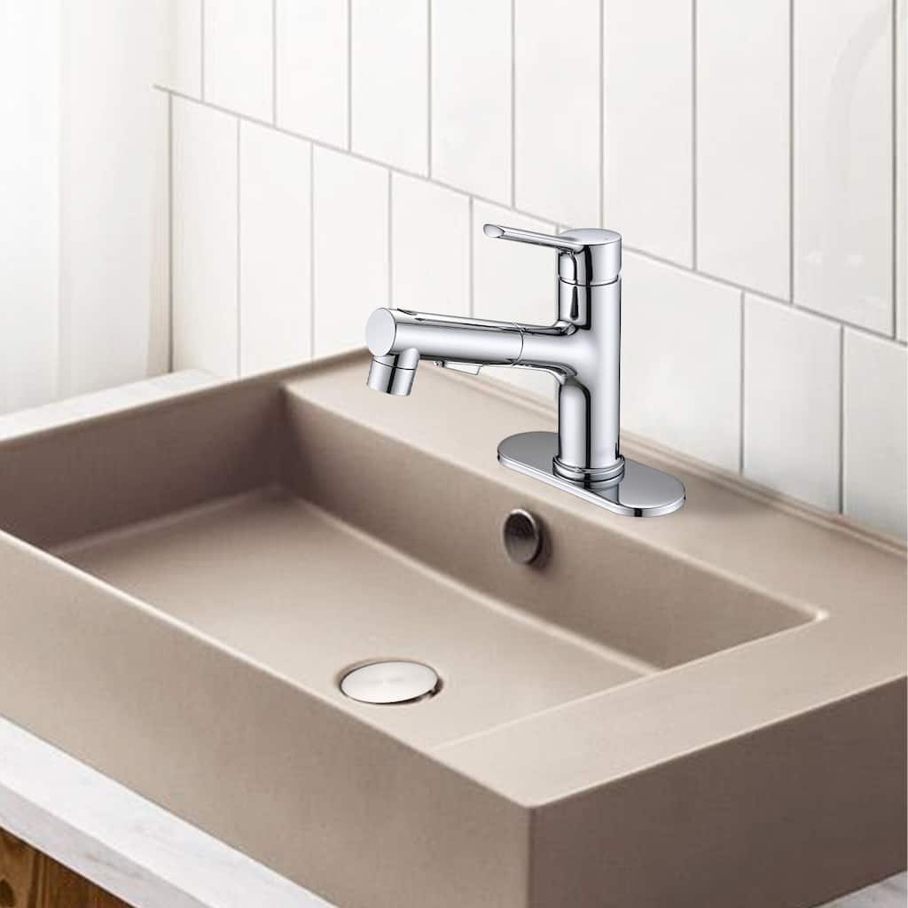 Topcraft Single Handle Pull-Out Bathroom Faucet with Pop-Up Drainer