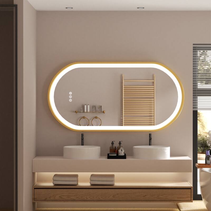 Gold Aluminium Alloy Frame Illuminated LED Bathroom Mirror - 48" x 24" Oval