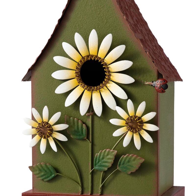 Glitzhome 52.5''H Blue Green Metal Sunflower Decorative Garden Birdhouse with Stake