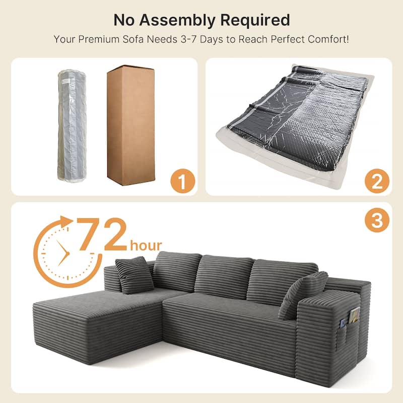 105" Cloud Sectional Couch with L-Shape Chaise, Modular Boneless Sofa, Upholstered Corduroy Couch