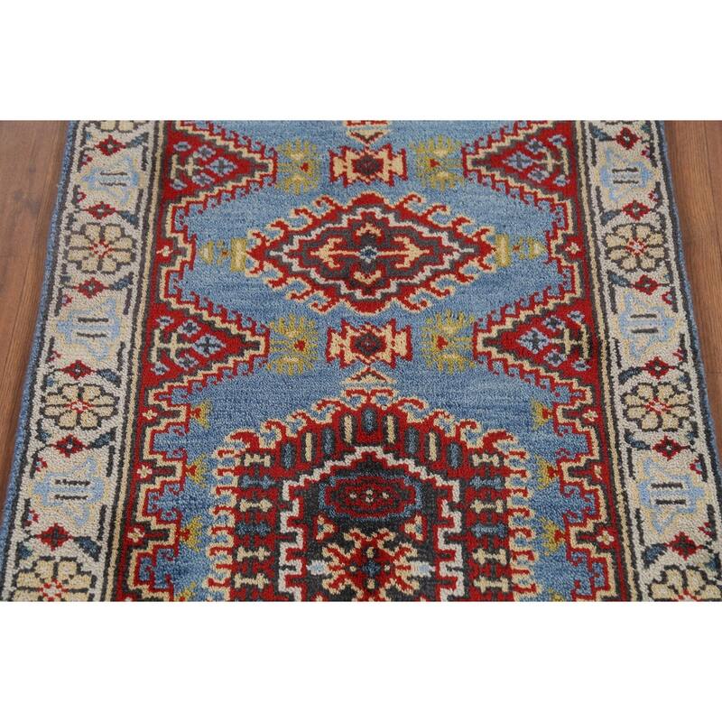 Light Blue Geometric Viss Oriental Runner Rug Hand-Knotted Wool Carpet - 2'6"x 7'9"