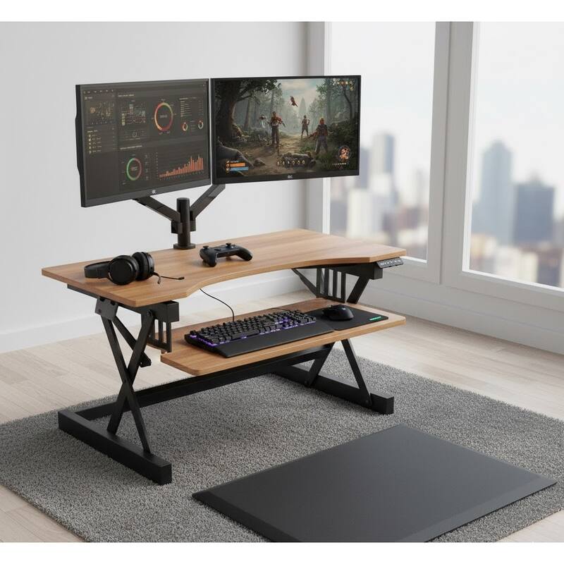 Rocelco 40 in. W Beige Height Adjustable Standing Desk Converter with Anti Fatigue Mat Computer Workstation Riser Keyboard Tray