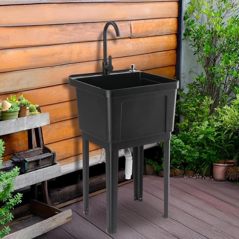 Freestanding Plastic Utility Sink with Stainless Steel Faucet