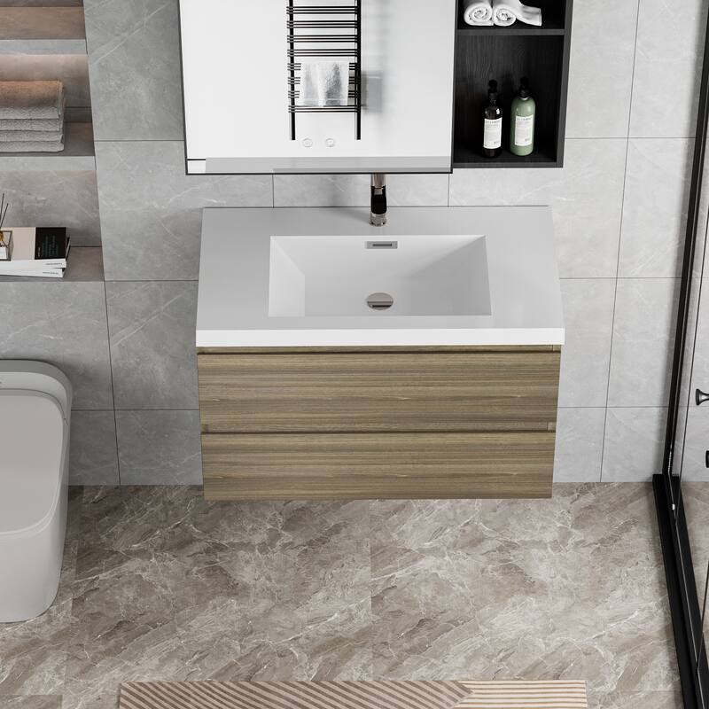 36" Modern Wall-Mounted Floating Bathroom Vanity with Sink, Drawers - Ash Grey