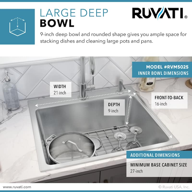 Ruvati 25 x 22 inch Drop-in Topmount Kitchen Sink 16 Gauge Stainless Steel Single Bowl - RVM5025 - 8' x 11'