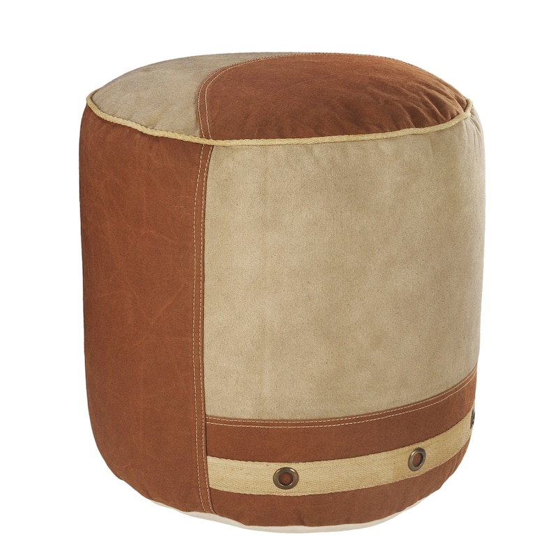 16-inch Tan Cotton Striped Pouf Ottoman for Living Room or Bedroom Decor