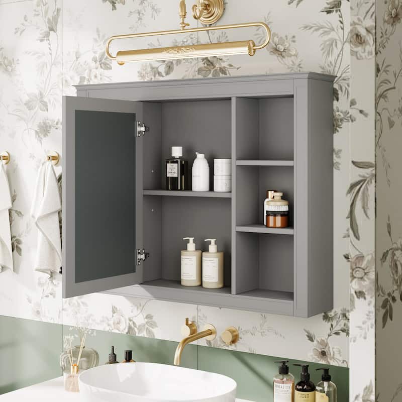 Wall-Mounted Storage Cabinet with Mirror,6 Open Shelves,Modern and Space-Saving Design for Enhanced Bathroom Organization