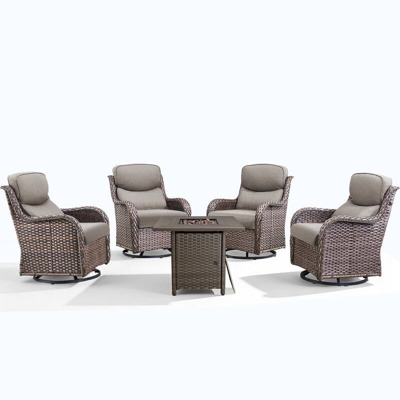 Meyreso 5-Piece Outdoor Patio Wicker Fire Pit 4 person Conversation Set with 5-Inch Thick Cushions