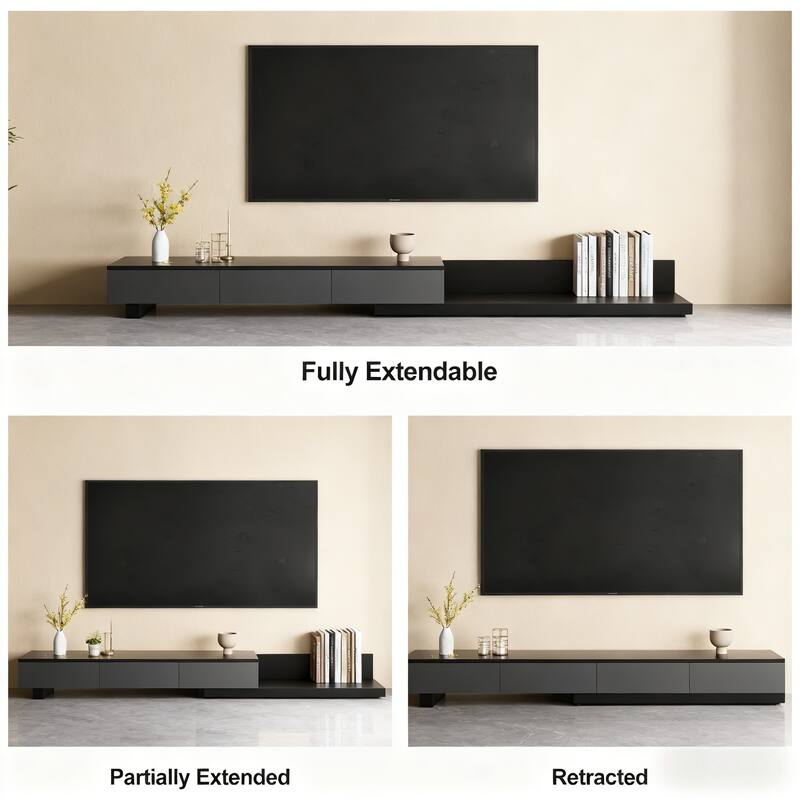 3-Drawer Retracted Extendable TV Stand Media Console In Stretch 70"- 110"