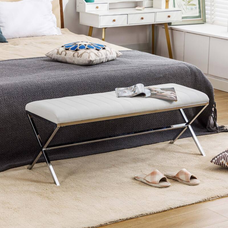 Tufted Faux Leather 46.5" Length Upholstered Dining Bench with Metal X Legs
