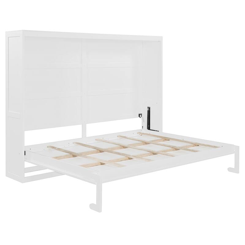 White Queen Murphy Bed with LED Lighting, Modern Wall Bed, No Box Spring Needed