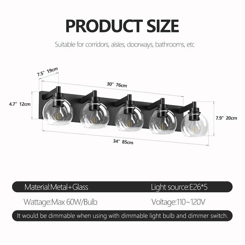 Bathroom Vanity Light with Clear Globe Glass Shades, Modern Black Wall Sconce Over Mirror, Vanity Lighting for Bath