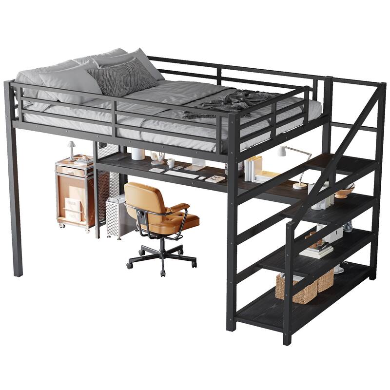 Queen Loft Bed with Desk and Storage Stairs, Metal Loft Beds with LED Lights, USB Ports, Multifunctional Iron Nets,Black