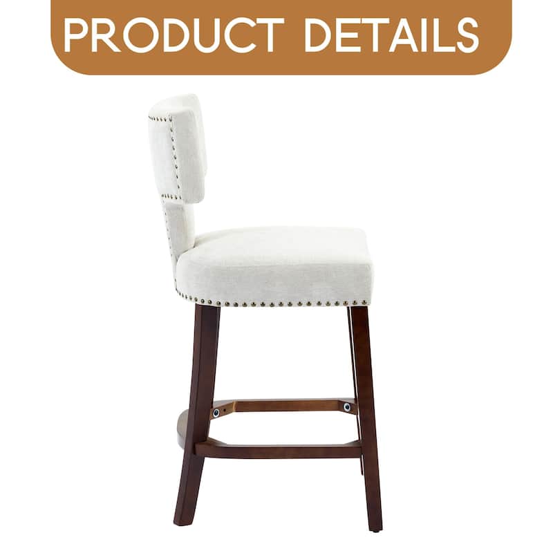 Mid Century Modern Counter Height Bar Stools Set of 2, Farmhouse Linen Fabric Upholstered Accent Chair Curved Backrest