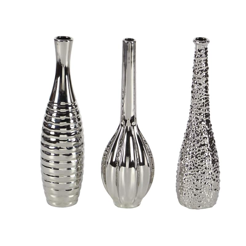 Ceramic Slim Textured Bottleneck Vase with Varying Patterns - Set of 3 Silver, Gold, White - Roche River Decor