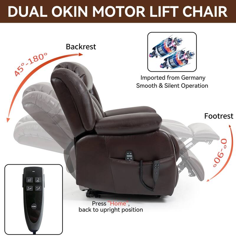 Brown Power Lift Recliner with Dual Motors, 8-Point Vibration Massage, and Heated Lumbar Support