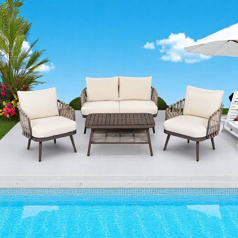 4-Piece Outdoor Conversation Set with Woven Rope U-Shaped Backrest, Acacia Wood Coffee Table, Water-Repellent Cushions