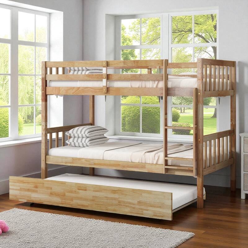 Twin Over Twin Rubber Wood Bunk Bed with Trundle, Convertible into Twin Beds, Ladder and Safety Guardrails