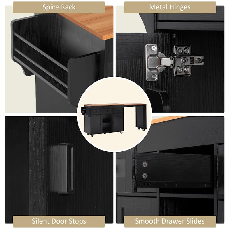 85.5" Extendable Kitchen Island with Dining Table, Rolling Storage Island with Power Outlet, Shelves, Drawers and Cabinets